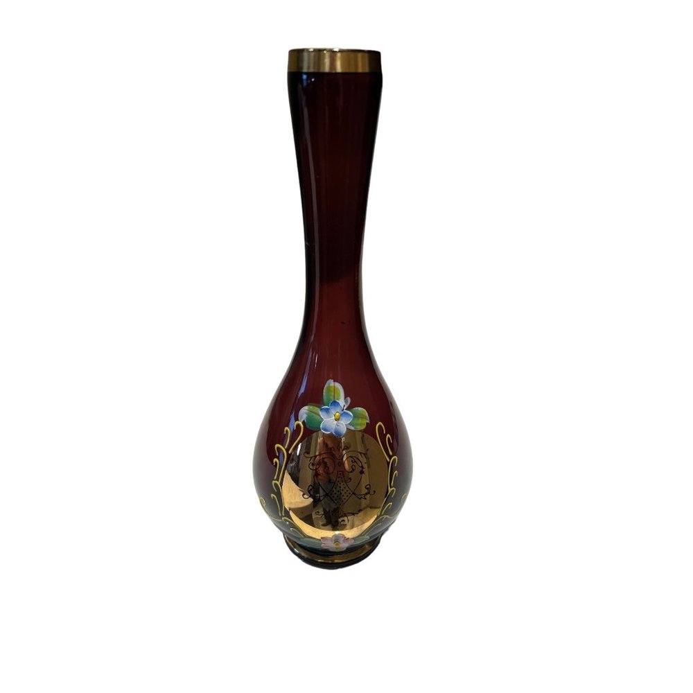 Vintage Nasco Japan hand painted glass bud vase purple gold flowers 8" x 3"